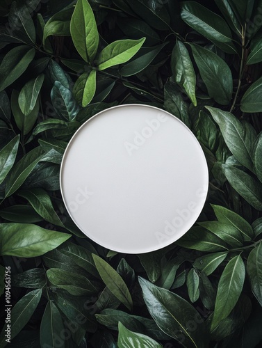 Circular blank space surrounded by fresh green leaves on a light background i...
