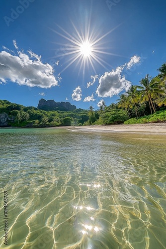 Bright sunlight illuminates a serene tropical beach with clear water and palm...