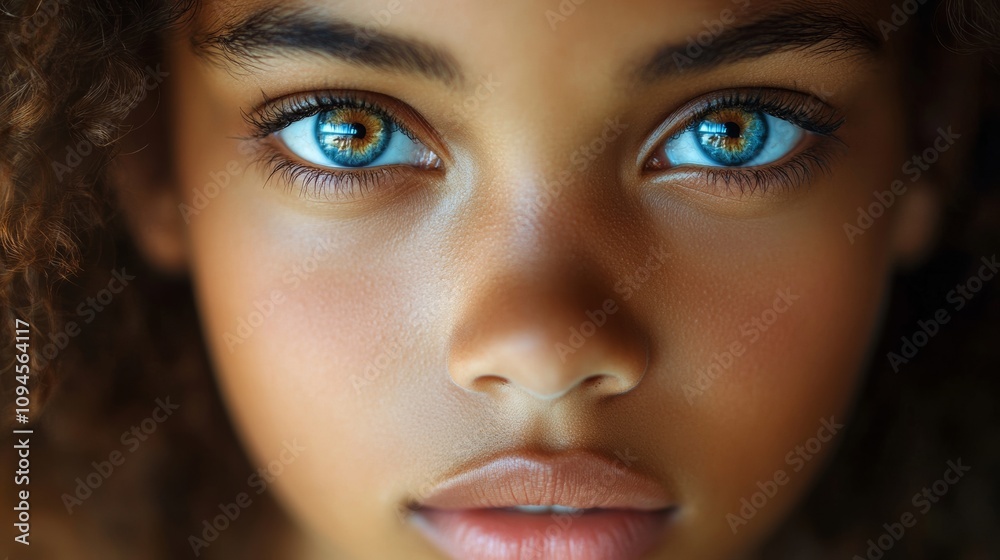 Young woman with brown hair and brown eyes. Her eyes are bright blue and she has a nice smile Young woman with brown hair and brown eyes. Her eyes are bright blue and she has a nice smile