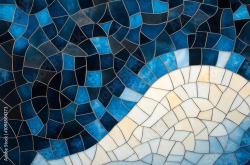 Abstract mosaic design featuring blue and white patterns resembling waves and...