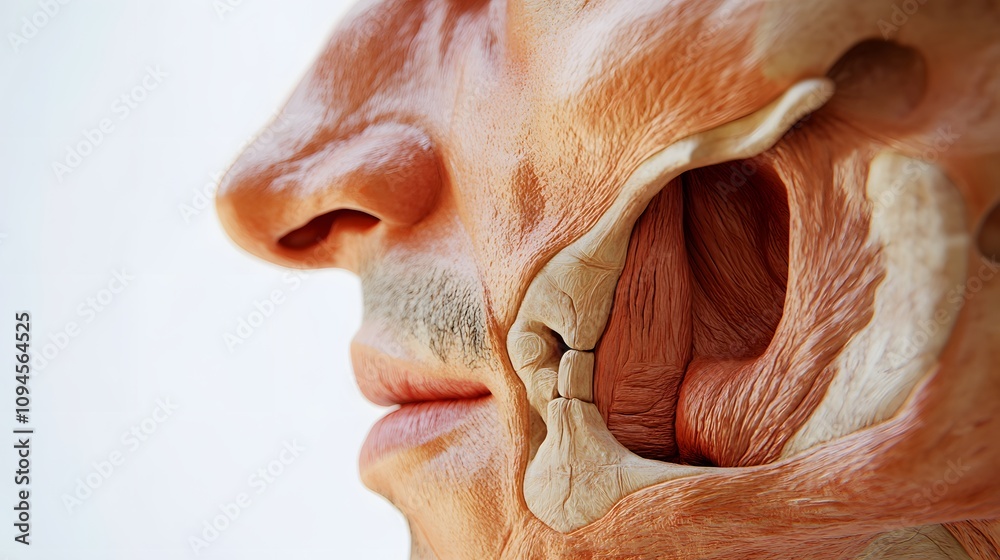 Fototapeta premium 26. A close-up of a male nose and lip structure, highlighting anatomical details, on a white background