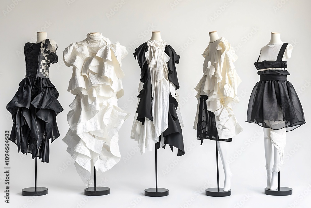 Modular fashion displayed on a white background highlights innovative, versatile clothing pieces that can be combined in various ways. Modular fashion displayed on a white background highlights innovative, versatile clothing pieces that can be combined in various ways.
