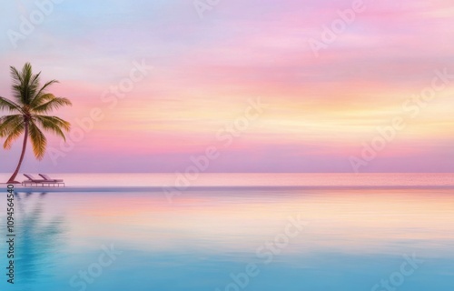 Tranquil sunset over calm ocean with palm trees and infinity pool
