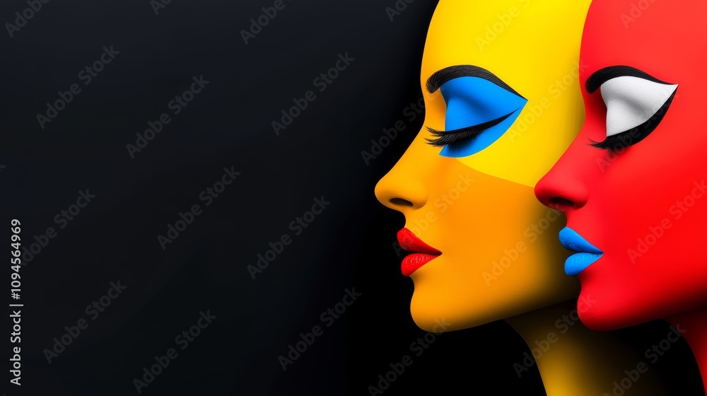 Two women with red, yellow and blue faces on a black background. The women are painted with bright colors and have long eyelashes Two women with red, yellow and blue faces on a black background. The women are painted with bright colors and have long eyelashes