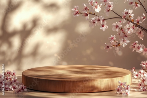 Delicate floral arrangement with round wooden platform and soft shadows in a ...