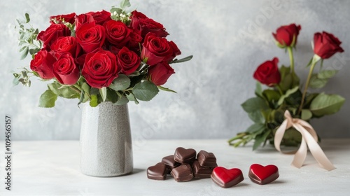 Romantic arrangement with red roses and heart shaped chocolates for special o...