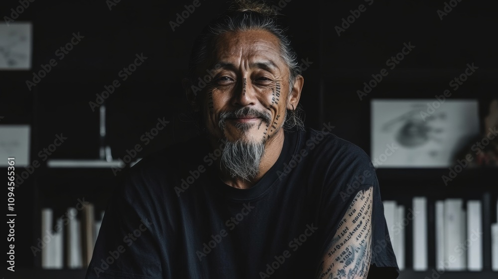 Man with a beard and tattoos is smiling. He is wearing a black shirt and sitting in front of a bookshelf Man with a beard and tattoos is smiling. He is wearing a black shirt and sitting in front of a bookshelf