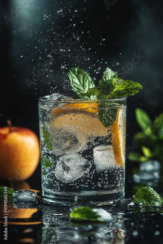 Refreshing drink with lemon and mint beside a fresh apple on a dark background