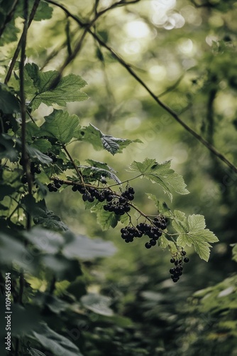 Black currant berries grow on a branch surrounded by lush green leaves in a f...