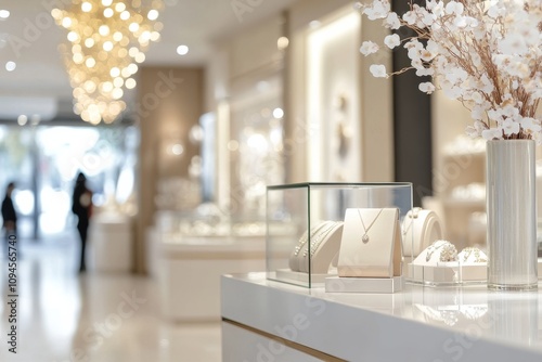 Luxurious shopping experience in a modern jewelry store with sleek displays a...