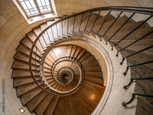 Top-down shot of a spiral staircase, creating a hypnotic pattern of lines