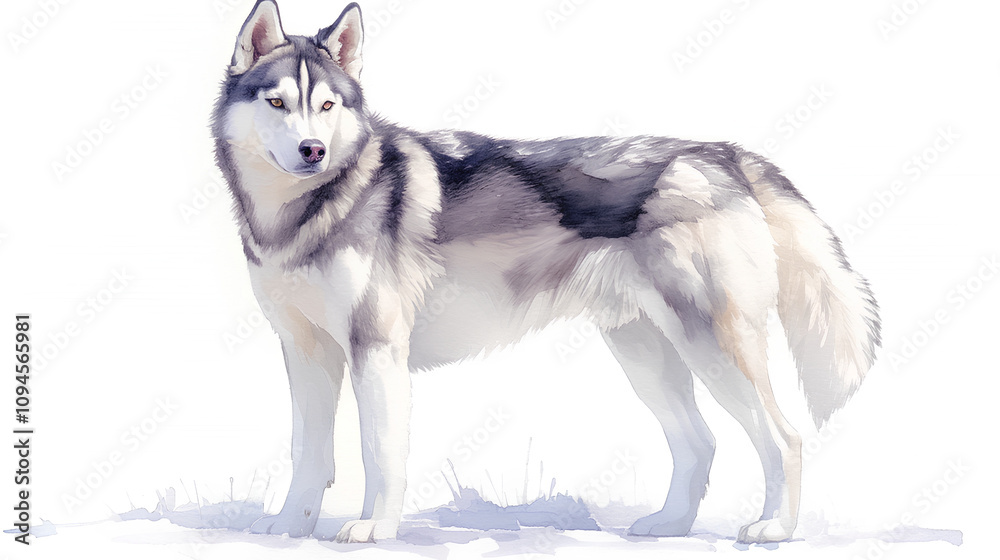 Fototapeta premium A watercolor Siberian Husky standing with one ear perked, looking curious, painted on white