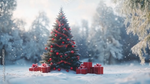 Christmas tree adorned with red ornaments and ribbons, surrounded by beautifully wrapped gift boxes in a serene snowy landscape.