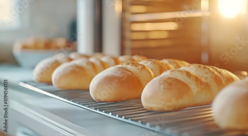Freshly baked bread rolls cooling on a rack in a warm kitchen during the morn...