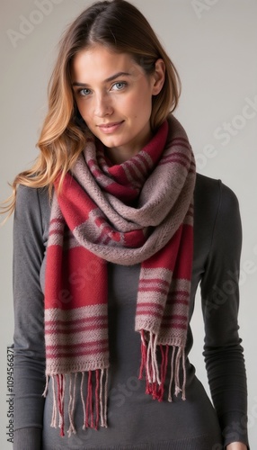 Beautiful woman wearing a stylish red and gray striped scarf