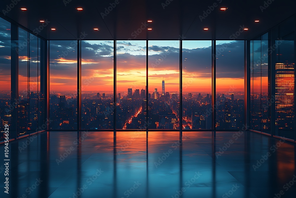 Fototapeta premium Empty modern office interior with panoramic cityscape view at sunset