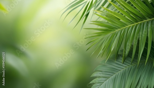 Lush green palm leaves swaying gently in a tropical forest setting during day...