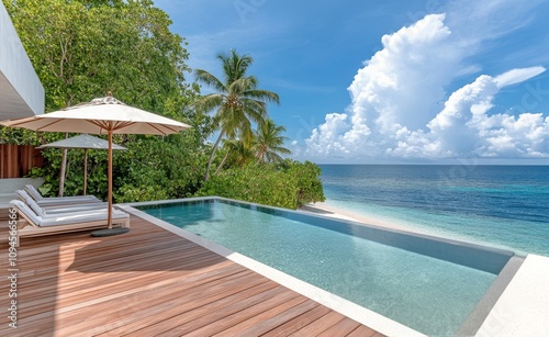 Relaxing on a beachfront pool with stunning ocean view in a tropical paradise