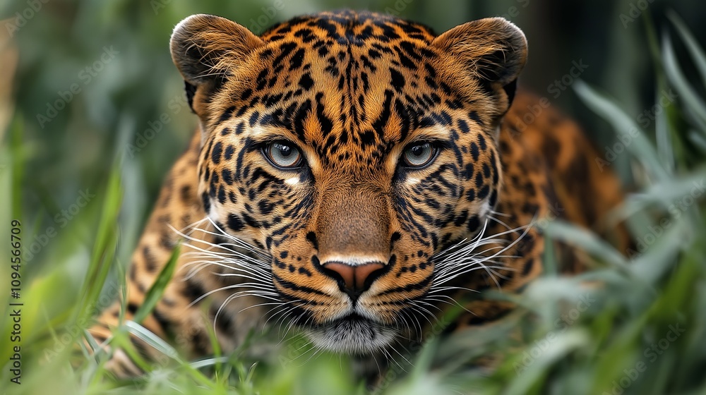 Obraz premium Close-up view of a majestic jaguar hunting in lush green foliage