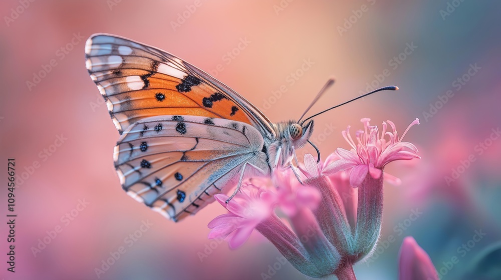 Vibrant butterfly perched delicately on blooming pink flowers in soft light Vibrant butterfly perched delicately on blooming pink flowers in soft light
