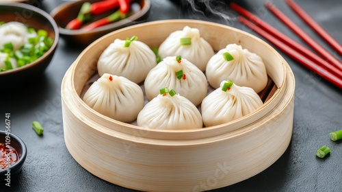 Steamed dumplings served in a bamboo basket with fresh green onions and sauces