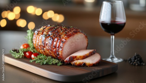 Deliciously cooked glazed ham served with red wine on an elegant wooden table