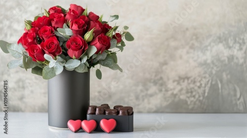 Romantic arrangement with red roses and heart shaped chocolates for special o...