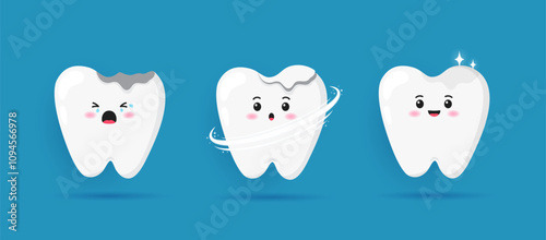 Step of teeth filling concept. Cute characters of tooth cracked, cavity filling and whole. Treatment of caries and enamel repair. Dental care and oral hygiene design. Cartoon flat illustration