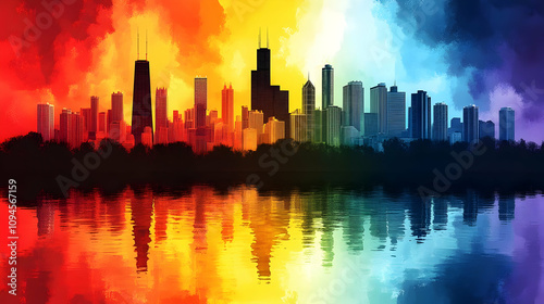 Cityscape with Rainbow Reflections Abstract Illustration