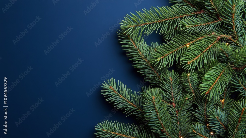 Fresh green pine branches adorned with warm, glowing lights during the holiday season