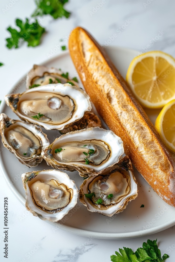Fresh oysters served with baguettes and lemon on a white plate Fresh oysters served with baguettes and lemon on a white plate