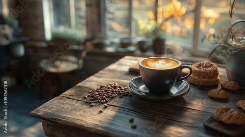 Steam rising from coffee cup on rustic wooden table with pastries and beans