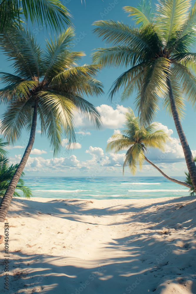 A beach with palm trees on the sand and the ocean in the background A beach with palm trees on the sand and the ocean in the background