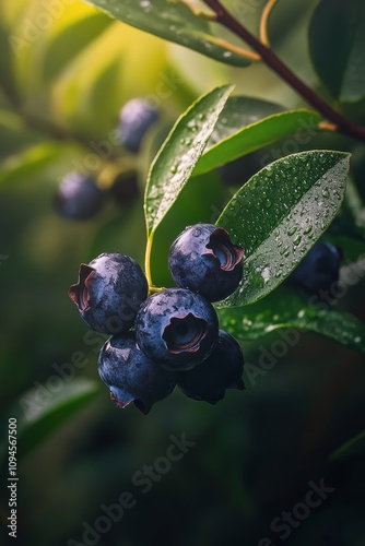 Blueberries grow on a branch surrounded by green leaves in a vibrant natural ...