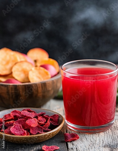 Refreshing beverage with dried fruit and herbs on rustic wooden table