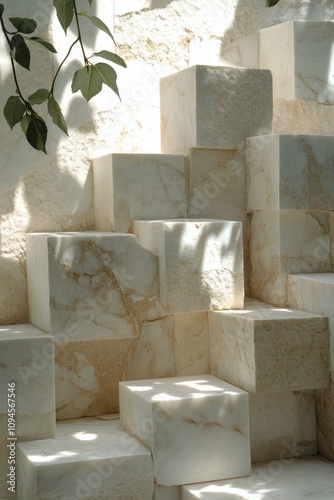 Natural light casting shadows on marble blocks in an outdoor setting with gre...