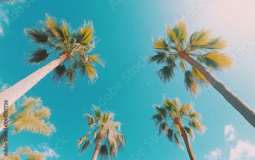 Palm trees swaying under a bright blue sky in a sunny tropical location