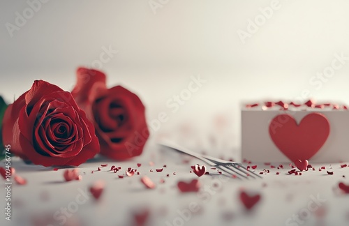 Romantic table setting with rose and heart decorations for special occasion c...