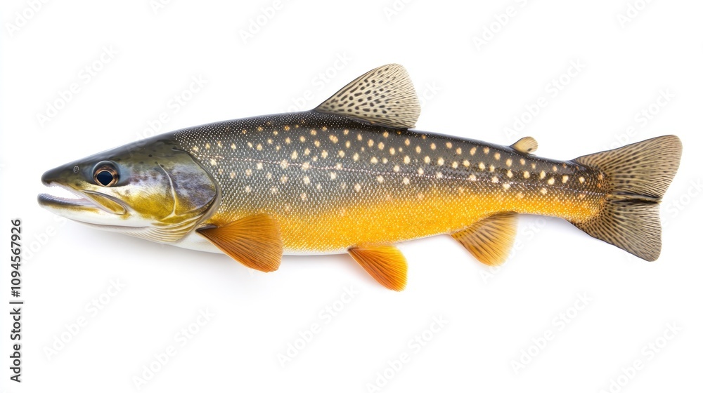 Freshwater char fish displayed against a stark white background, showcasing its distinctive spotted body and vibrant orange underbelly. Freshwater char fish displayed against a stark white background, showcasing its distinctive spotted body and vibrant orange underbelly.