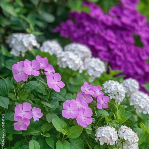 Colorful garden filled with blooming flowers showcasing lavender and white hu...