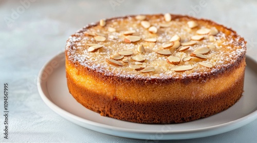Deliciously creamy cheesecake topped with almonds served on a white plate