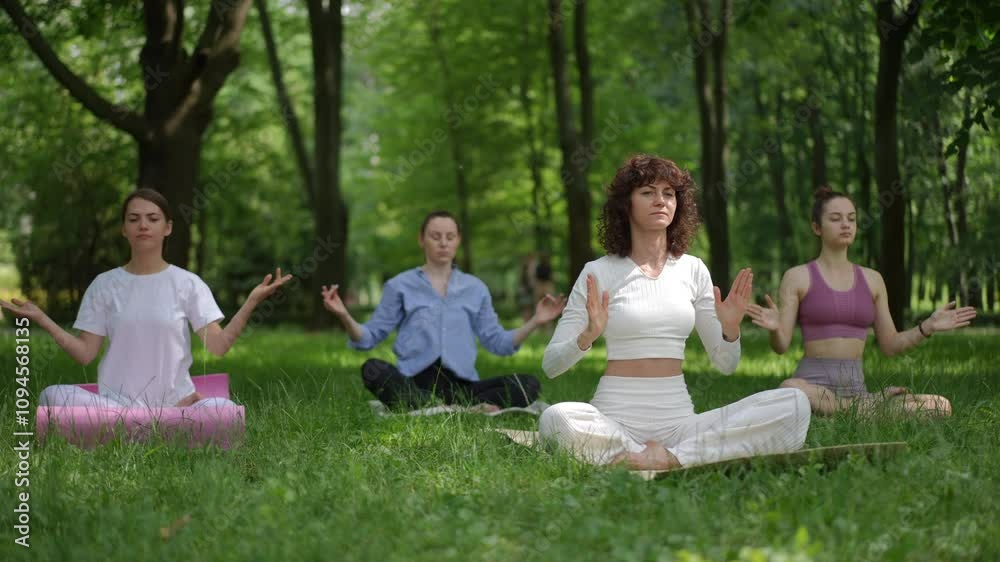 A yoga teacher in white leads a group meditation session in a serene park setting. Participants sit cross-legged, performing Chin Mudra with closed eyes, embodying mindfulness and inner peace. The A yoga teacher in white leads a group meditation session in a serene park setting. Participants sit cross-legged, performing Chin Mudra with closed eyes, embodying mindfulness and inner peace. The