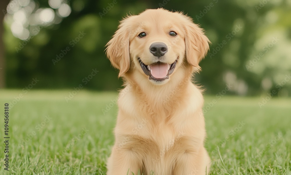 Happy golden retriever enjoying a sunny day in the park with a friendly expression Happy golden retriever enjoying a sunny day in the park with a friendly expression