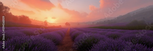 Lavender fields stretch under a colorful sunset in a serene rural landscape