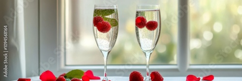 Champagne flutes with raspberries and rose petals for romantic celebration at...