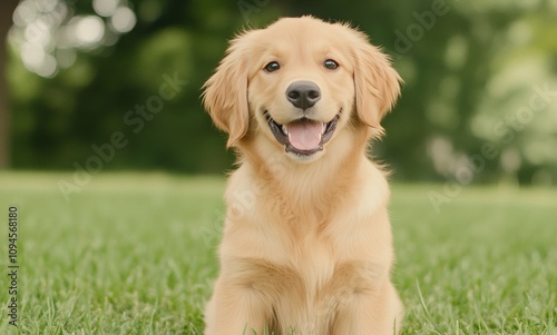 Happy golden retriever enjoying a sunny day in the park with a friendly expre...