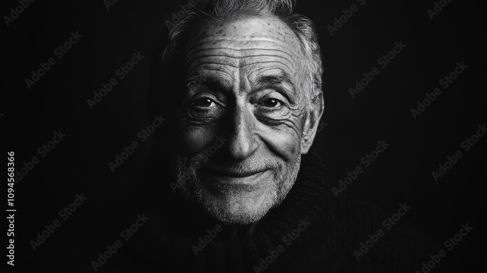 Close-up portrait of an elderly man with a warm smile, showcasing deep wrinkles and expressive features against a dark background. Close-up portrait of an elderly man with a warm smile, showcasing deep wrinkles and expressive features against a dark background.