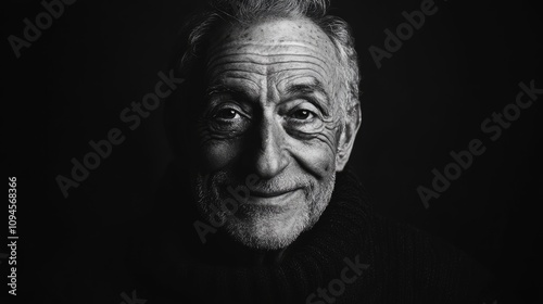 Close-up portrait of an elderly man with a warm smile, showcasing deep wrinkles and expressive features against a dark background.