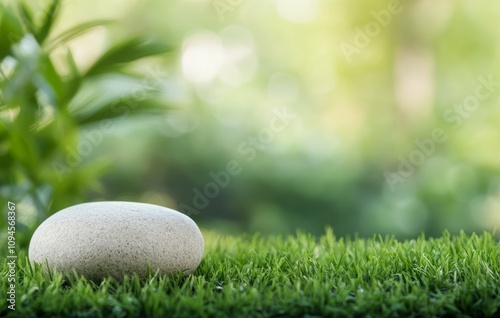 Natural garden setting featuring smooth stones and vibrant greenery at sunrise