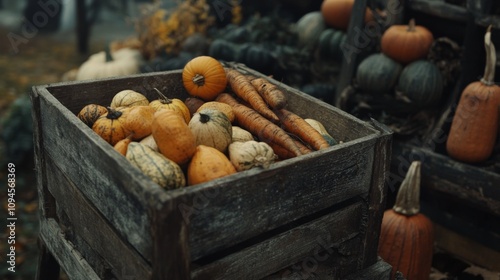 A Wooden Crate Filled with Pumpkins and Carrots photo